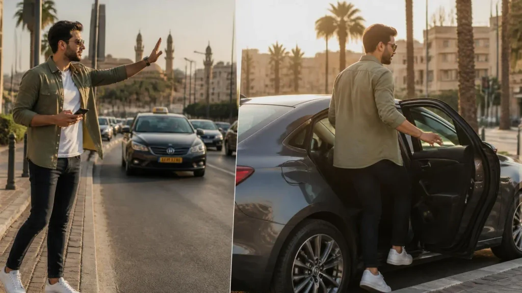 Person hailing a taxi next to a rental car pickup in Beirut