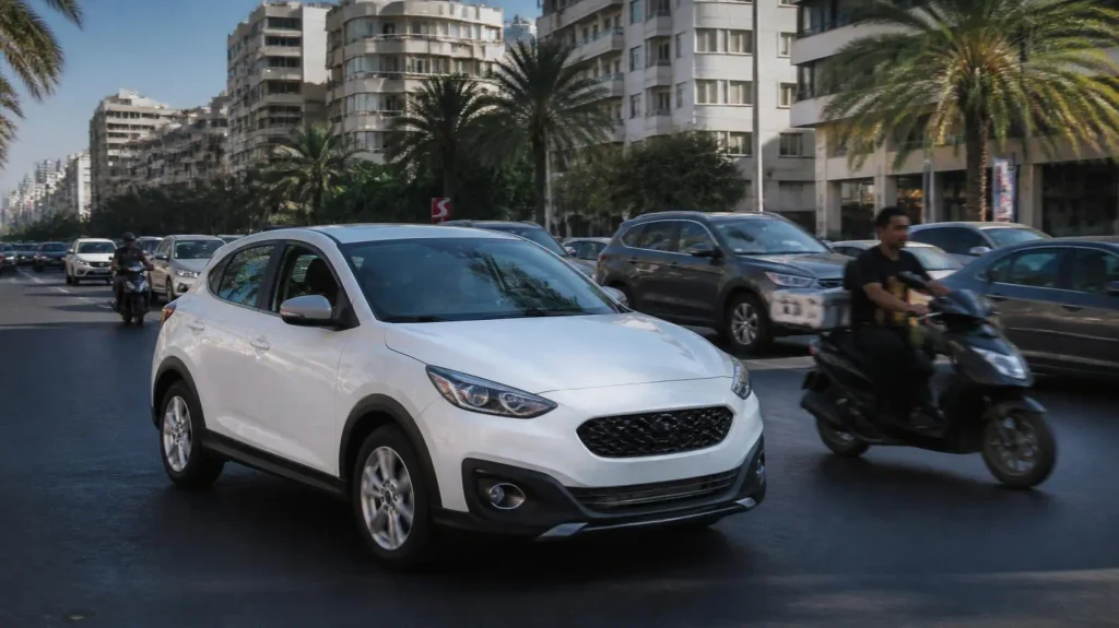 Driver in a rental car navigating a busy street in Beirut - Lerecom